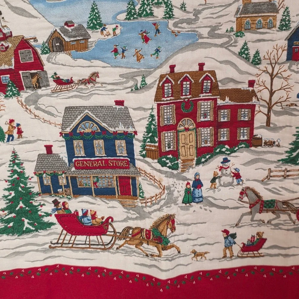 Vintage Christmas Winter Village Scenic Red Border Wall Hanging Ribbon Loops